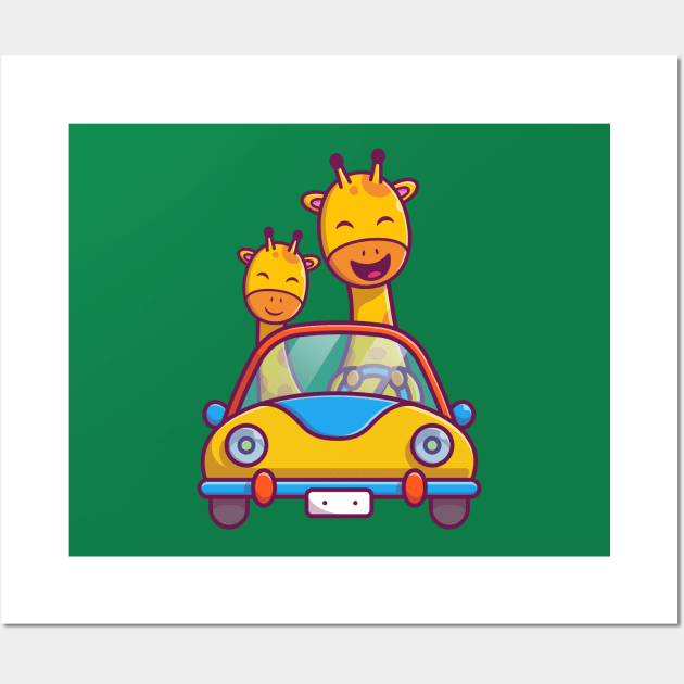 Cute Giraffe Riding Car Cartoon Wall Art by Catalyst Labs